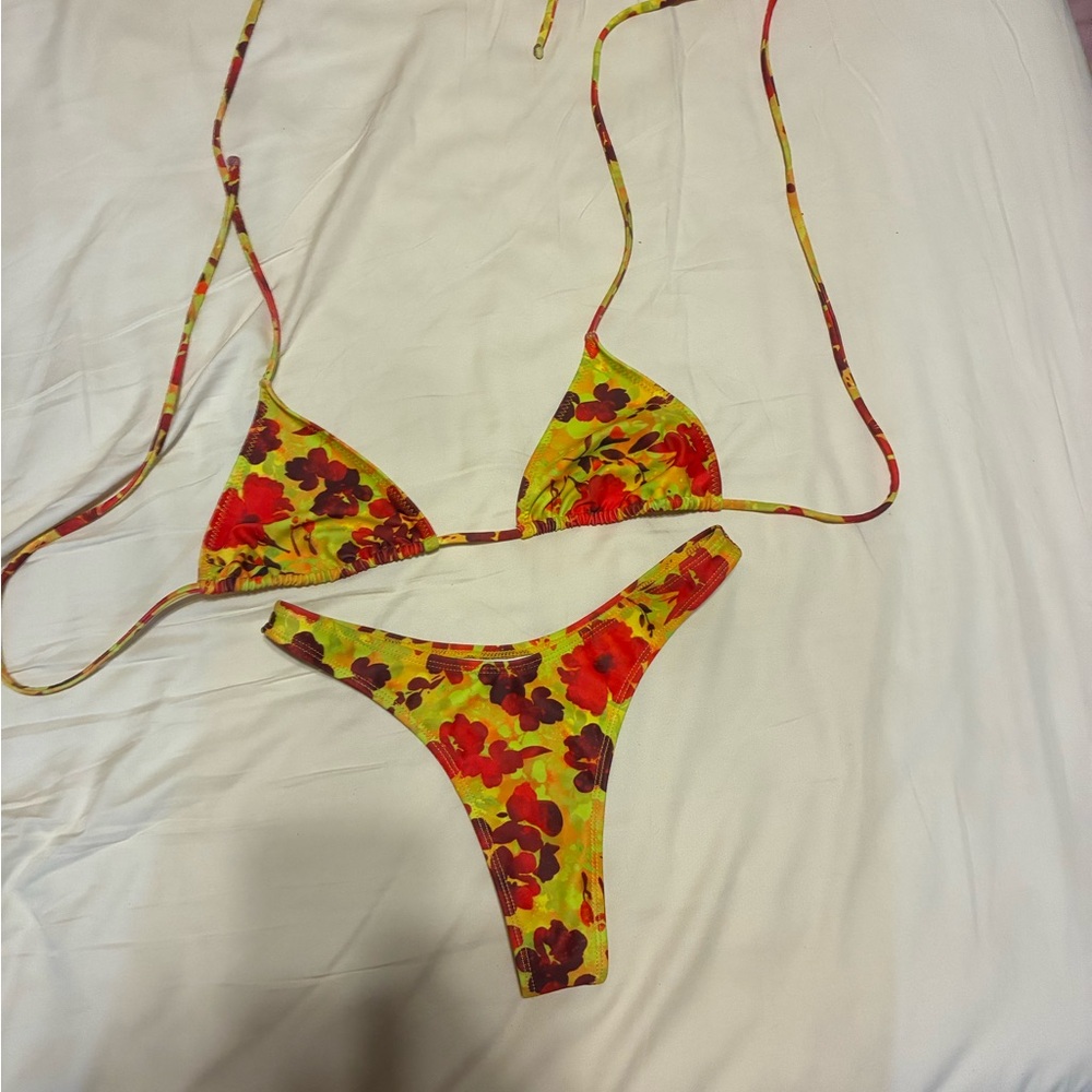 Floral Bikini Set - Vibrant Red and Yellow